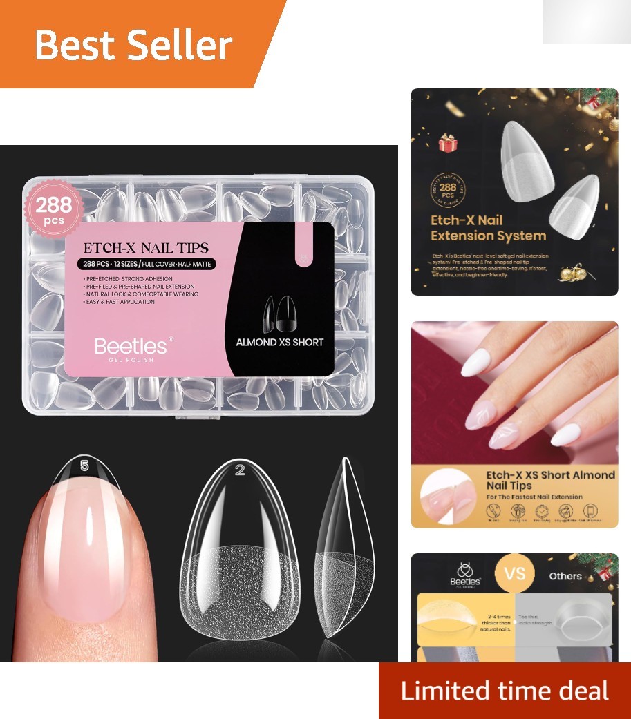 Beetles Almond Nail Tips Set, 288 PCS – Pre-Shaped, No Filing Needed, 12 Sizes