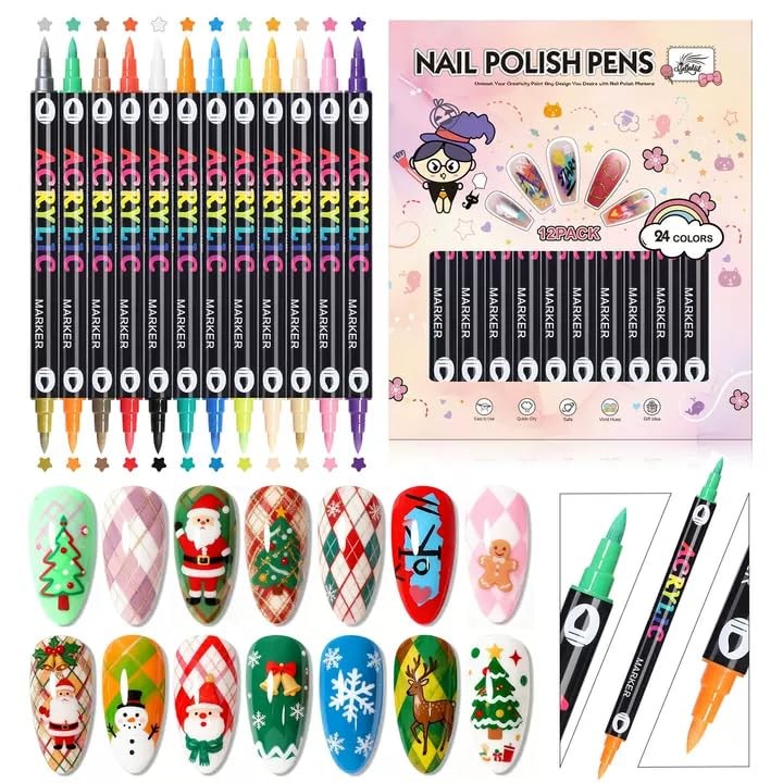 24 Colors Nail Art Pens Set Dual Tip 0.7mm Marker Non Toxic Quick Dry
