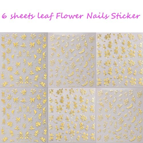 6 Sheets Gold Nail Stickers 3D Metallic Gold Flower Leaf Nail Stickers -5