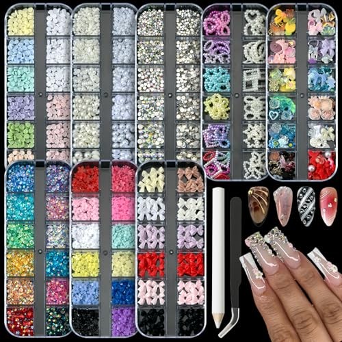 8 Boxes 3D Nail Charms Gems Bulk Flat Back Pearls Stars Flowers Bows Accessories
