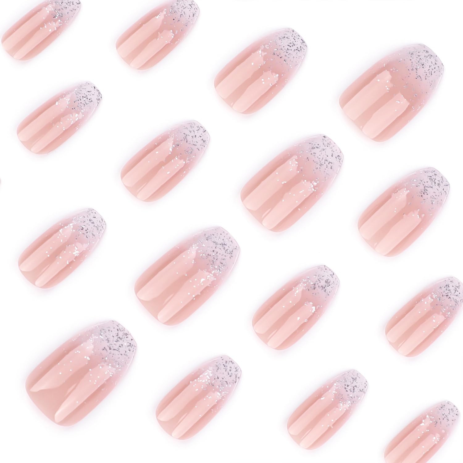 Silver Glitter French Tip Press on Nails Medium Coffin Fake Nails Gradient