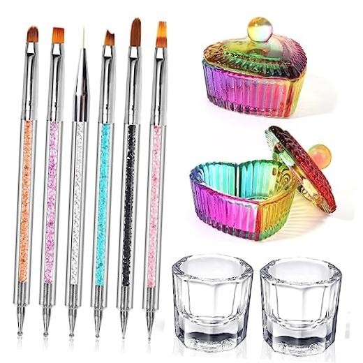 Nail Art Brushes – 6 Acrylic Nail Brushes – Dappen Dish Set – 10 Piece Set