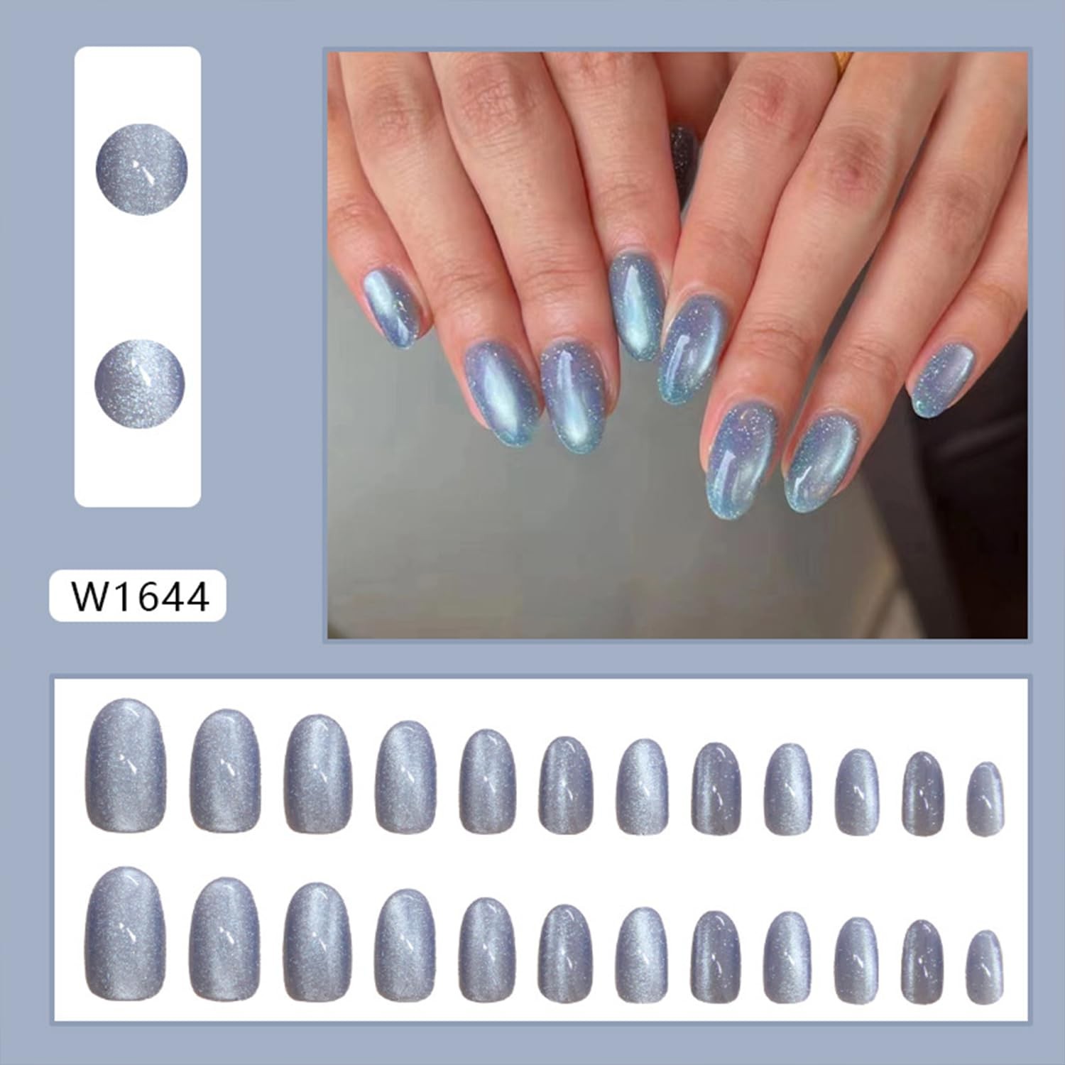 Tyuimhx Blue Cat Eye Press on Nails Medium Oval Fake Nails Glitter False Nail…