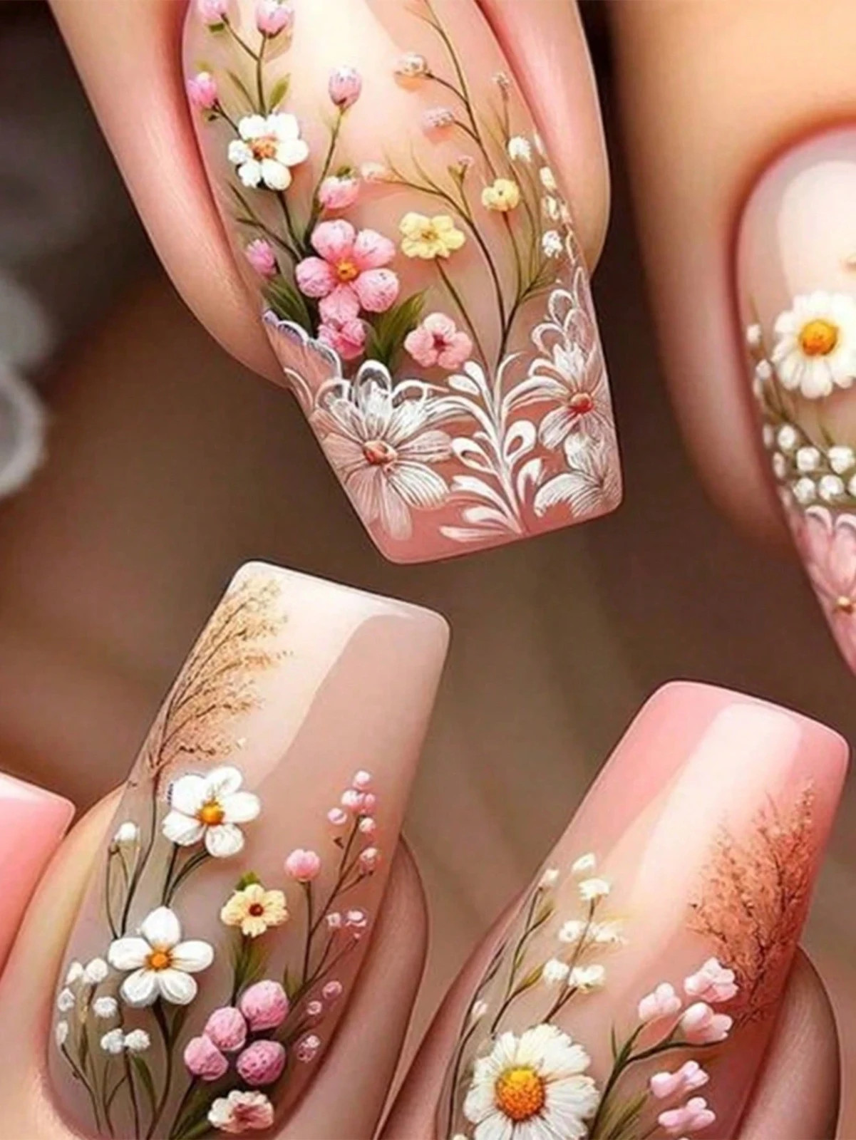 24Pcs Medium Coffin 3D Sculpture Press-On Nails Pink Gradient Flower Stripe