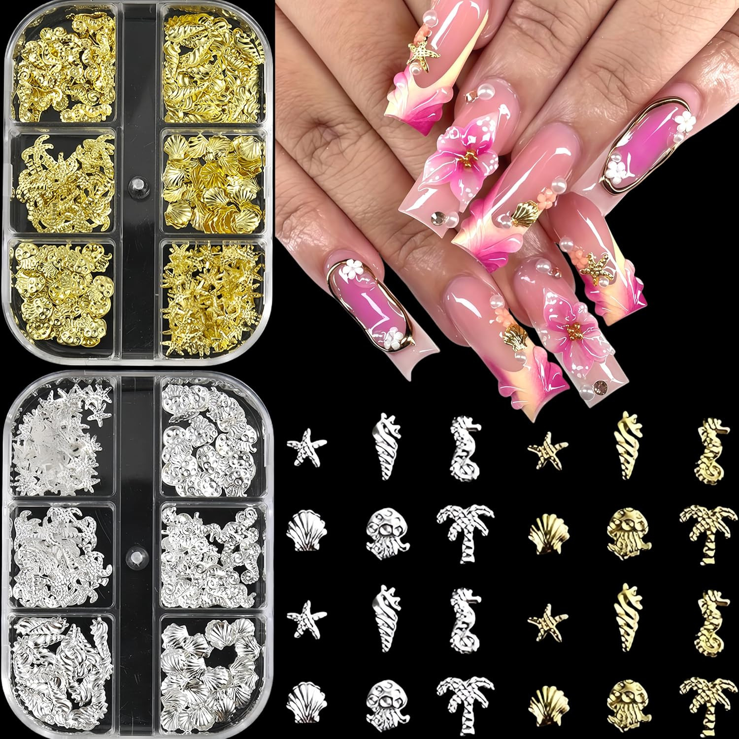 2 Boxes Summer Gold Silver Seashell Seahorse Nail Charms 3D Beach Nail Charms Se