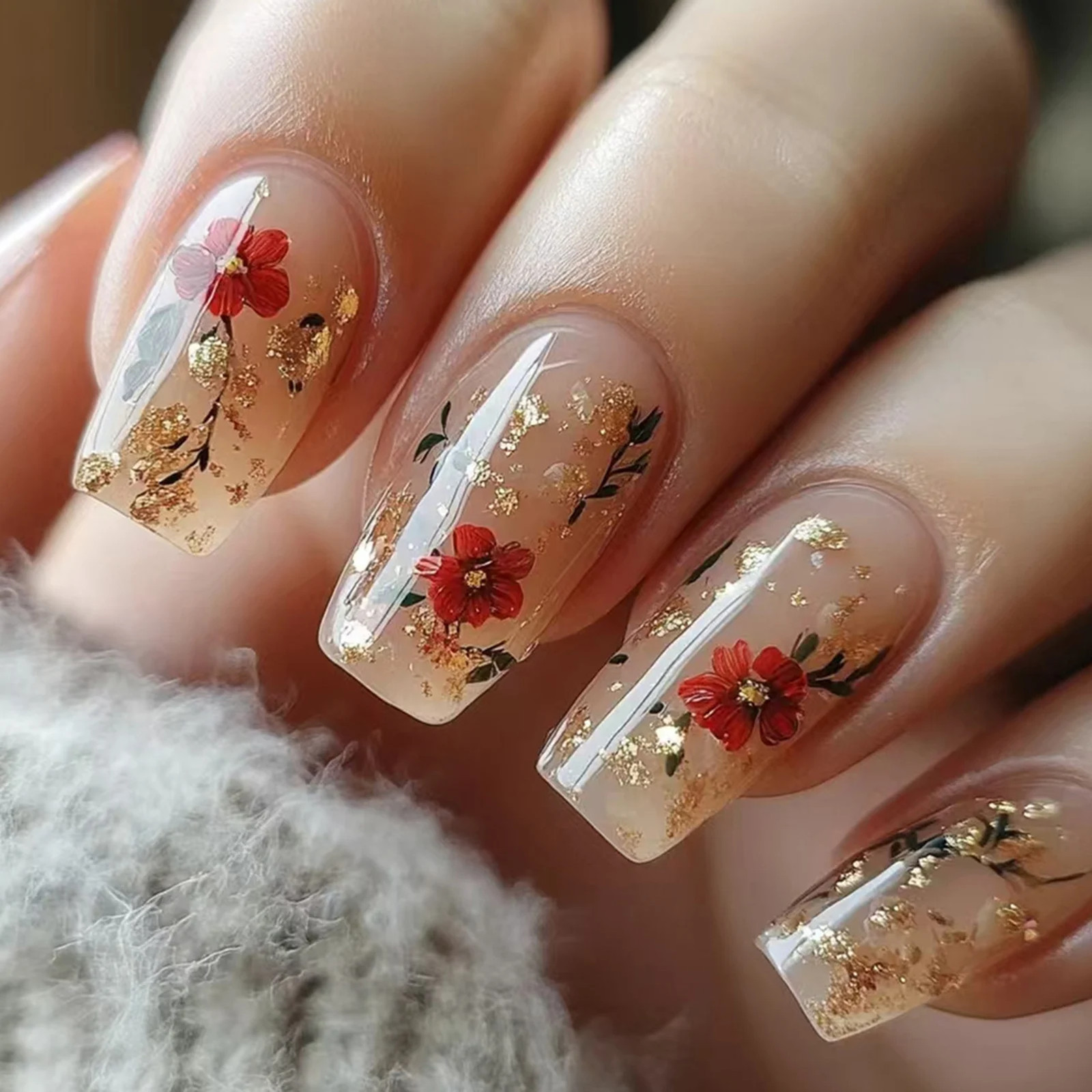 24pcs Spring White Flower Blue French Square Press On Nails