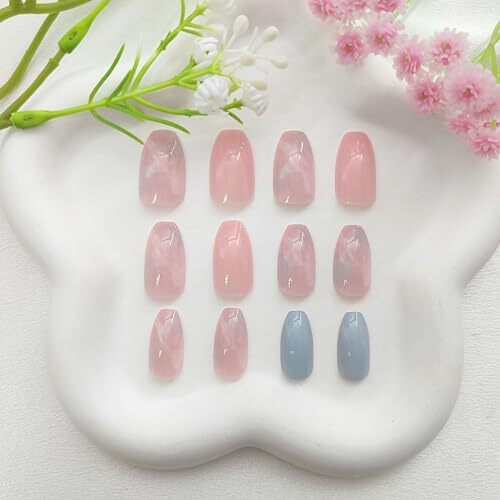 Coffin Press on Nails Short Fake Nails with Marble Designs Acrylic pink-6 blue