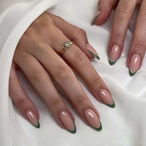 Almond Press on Nails Medium Fake Nails Dark Green French Tip Glue 3104Green