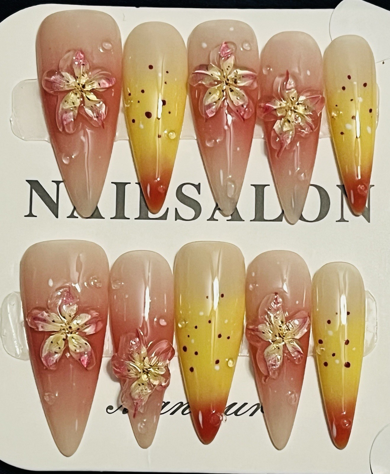 10 PCs Handmade Press On Nails Flower Long Almond Orange Pink Yellow Size L