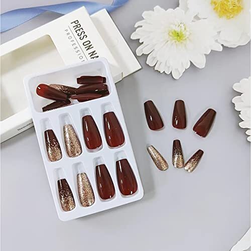 24Pcs Dark Wine Red Press on Nails Long Fake Nails Elegant Wine Red Gradient