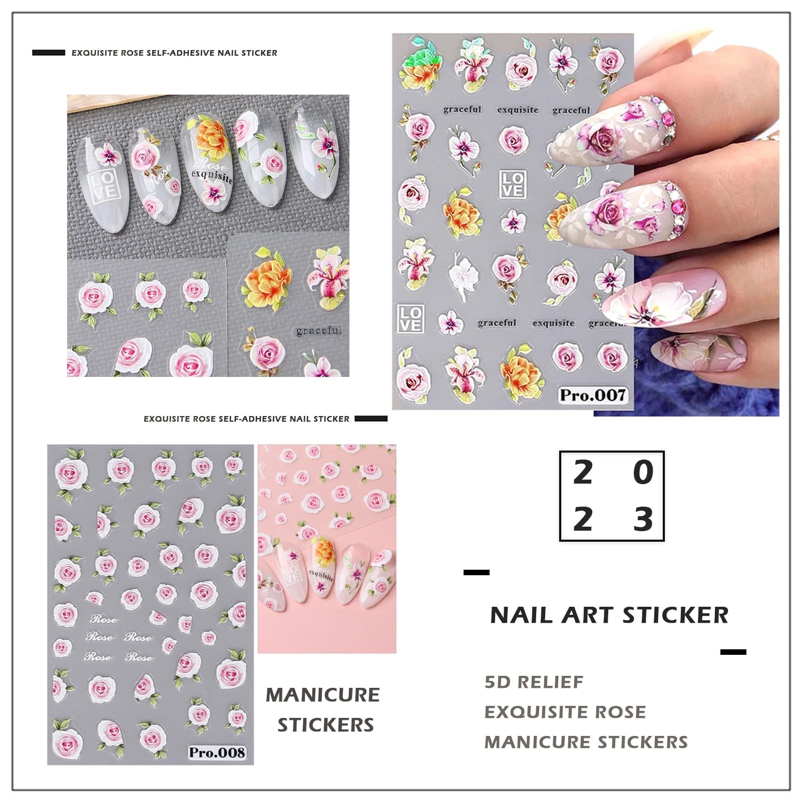 8 Pcs Self-Adhesive Nail Stickers, 5D Embossed Engraved Flower Nail Art Stick…