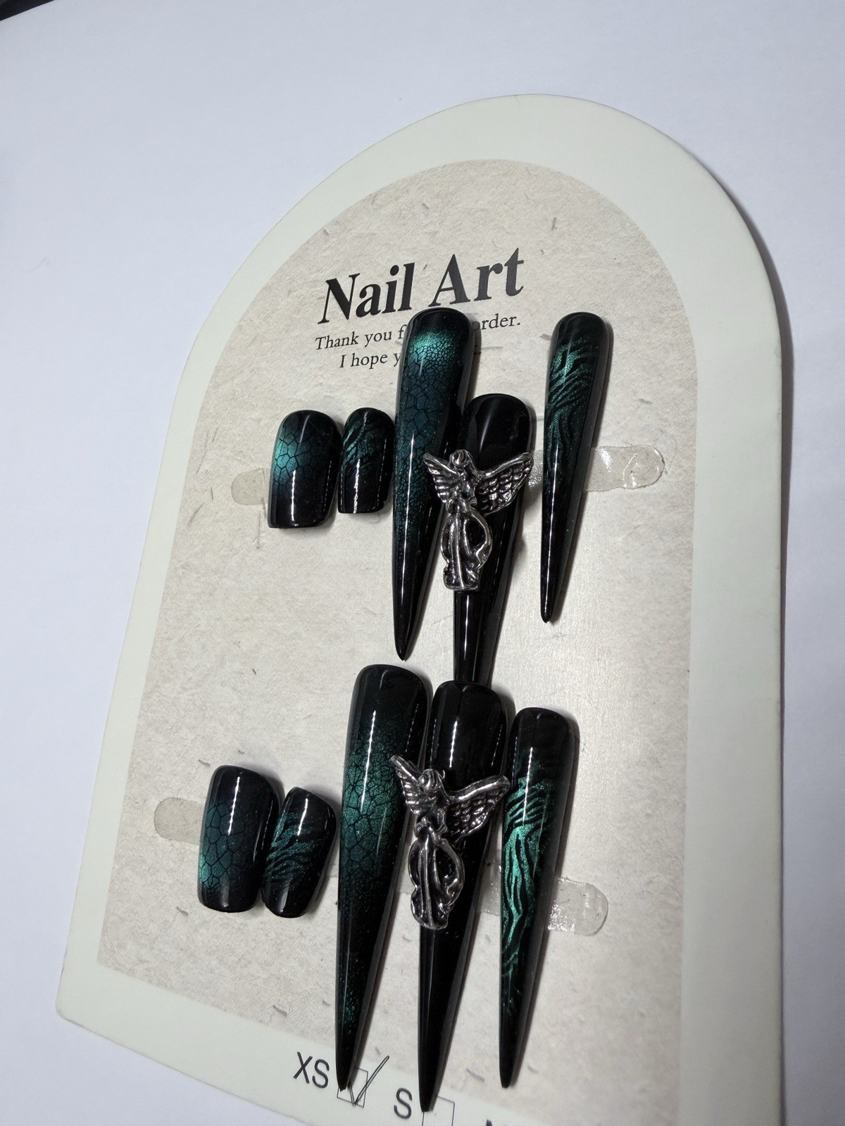 XS SIZE Long Shiny Black & Green 3D Angel Stiletto handmade Press-On Nails