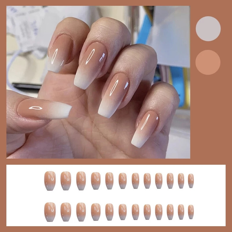 24 Medium Press on nails kit w glue cream french ombre coffin
