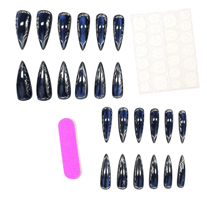 48pcs Stiletto Press on Nails, Royal Blue Mirror Silver Rim Luxury Nails