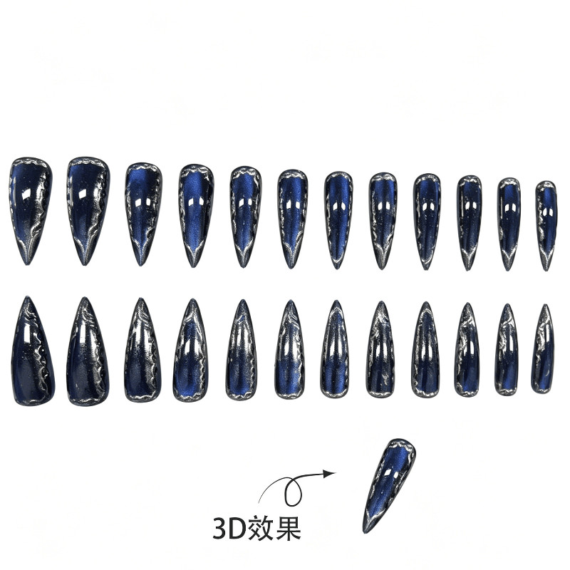 48pcs Stiletto Press on Nails, Royal Blue Mirror Silver Rim Luxury Nails