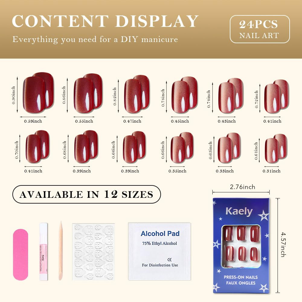 Red Cat Eye Press on Nails Medium Square, Medium Square Press Stick on Nails Chr