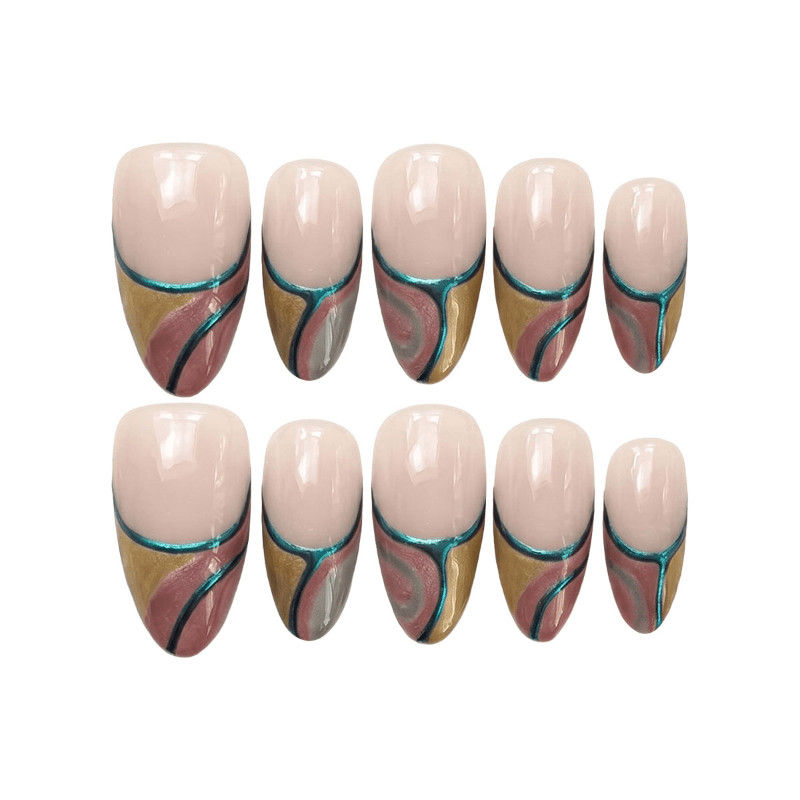 48pcs Almond Press on Nails, Nude Pink Gold Blue Swirl Art Minimal Nails