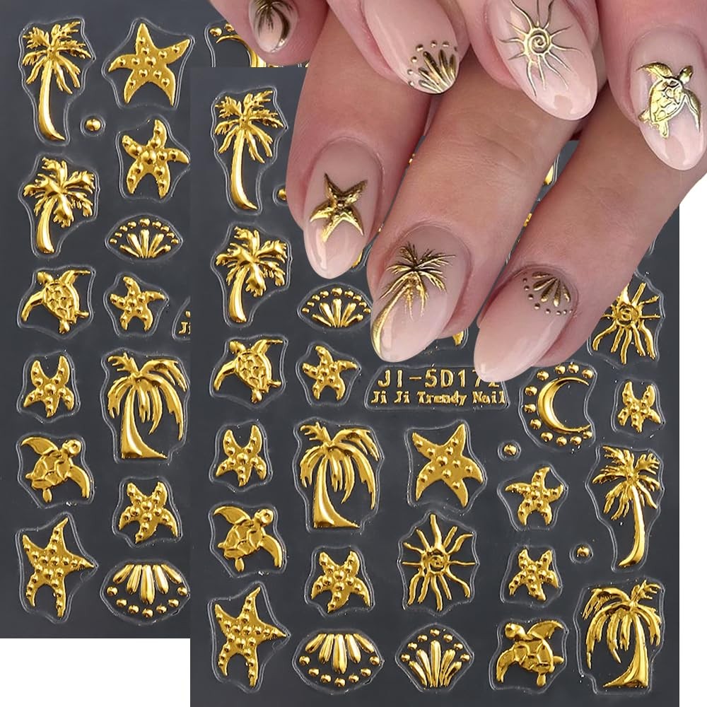 Summer Nail Stickers for Nail Art, 5D Embossed Gold Ocean Nail Decals Starfis…