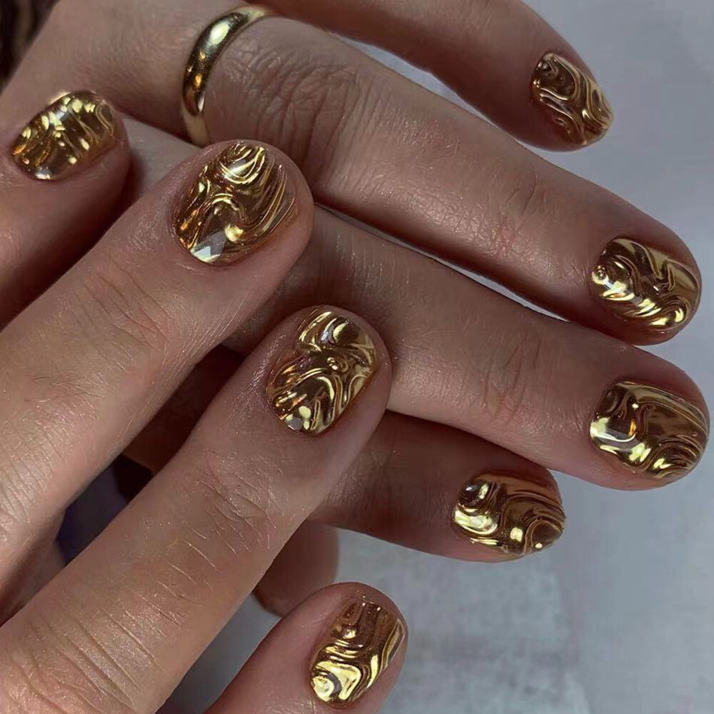 Short Square Press-On Fake Nail Mirror Gold Shiny 3D Soild Glossy Manicure 24pcs