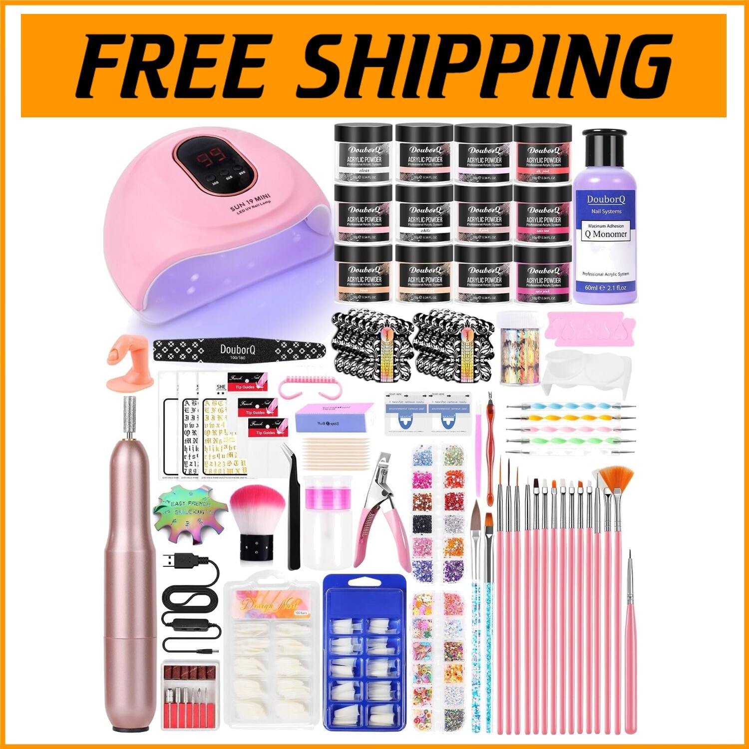 Complete Acrylic Nail Kit with Accessories: Glitter, Brush, & Drill for Home Use