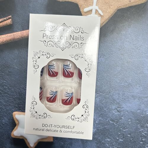 Independence Day Press on Nails Short Square Stripe Wave Red French and Dots