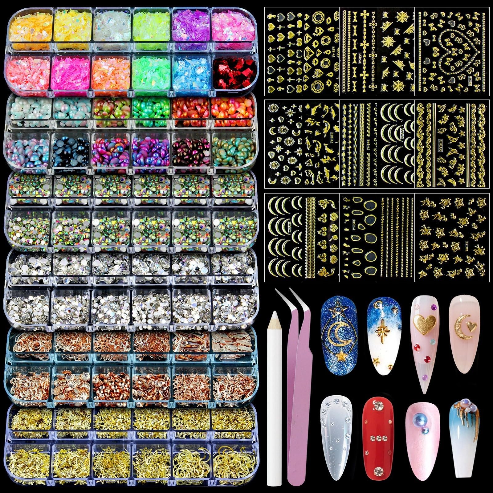 Nail Art Glitter Studs Kit 6 Boxes Multicolor 3D Charms 15 Sheets Gold Stickers