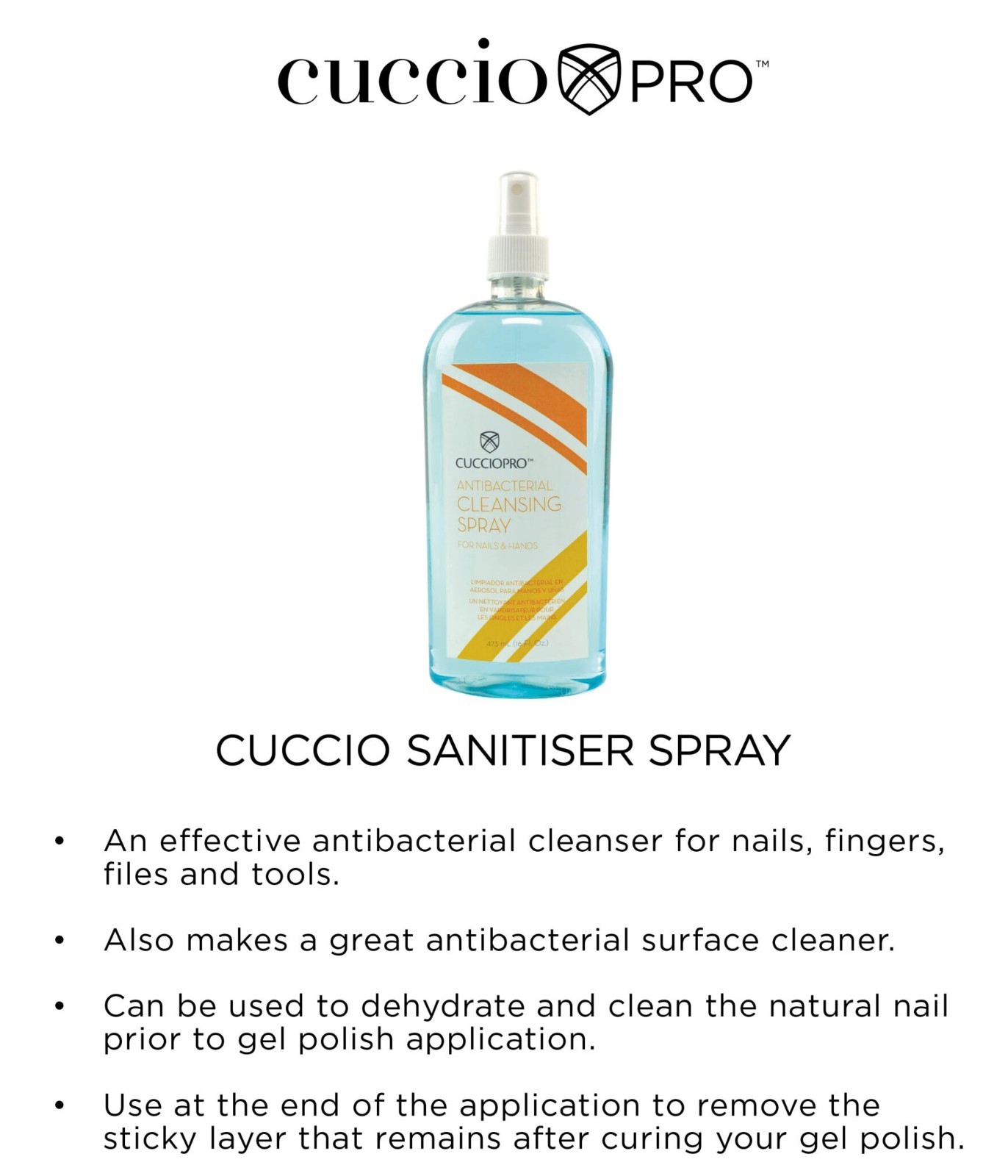 Cuccio Pro Antibacterial Cleansing Spray For Nails & Hands – 16 Fl.oz (473 ml)