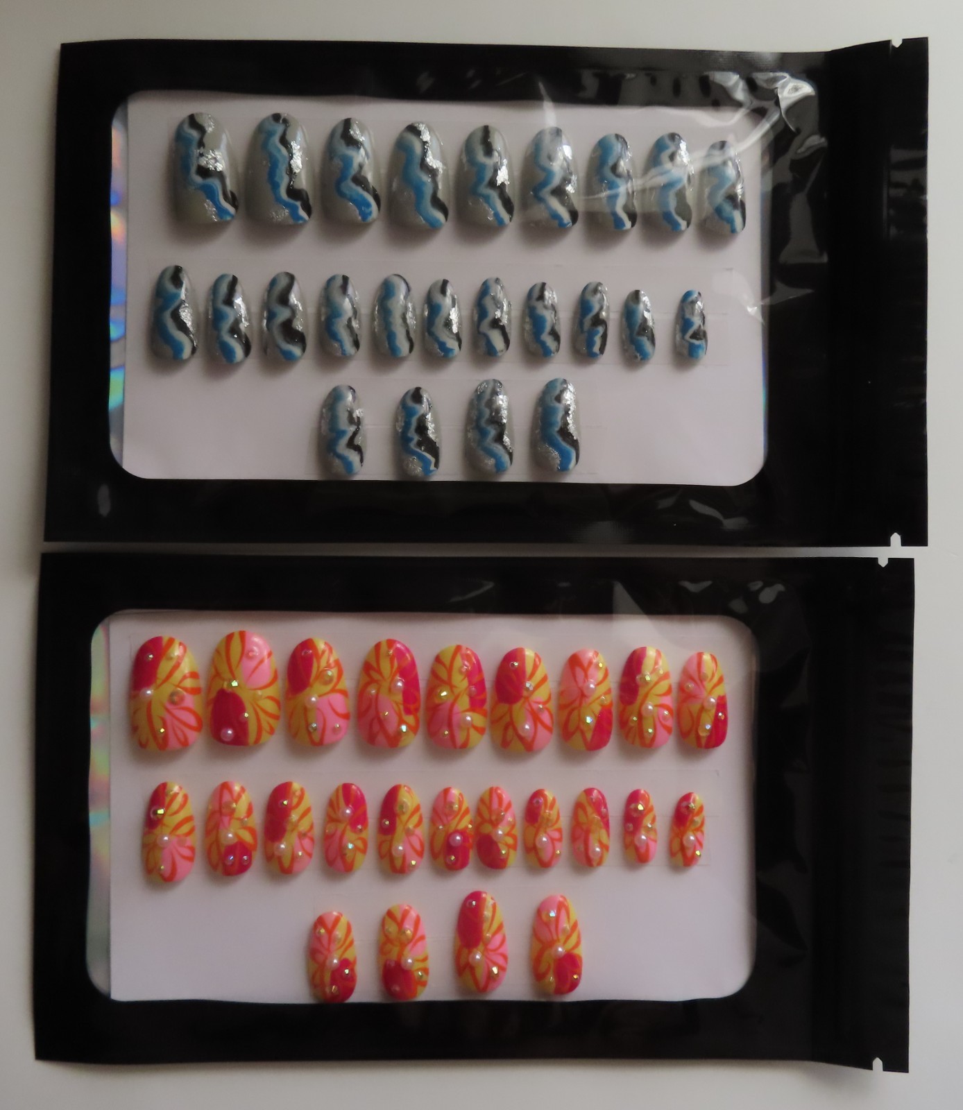 (2) Sets Yellow Red Pink Abstract | Blue Black White Foil Oval Press-On Nails