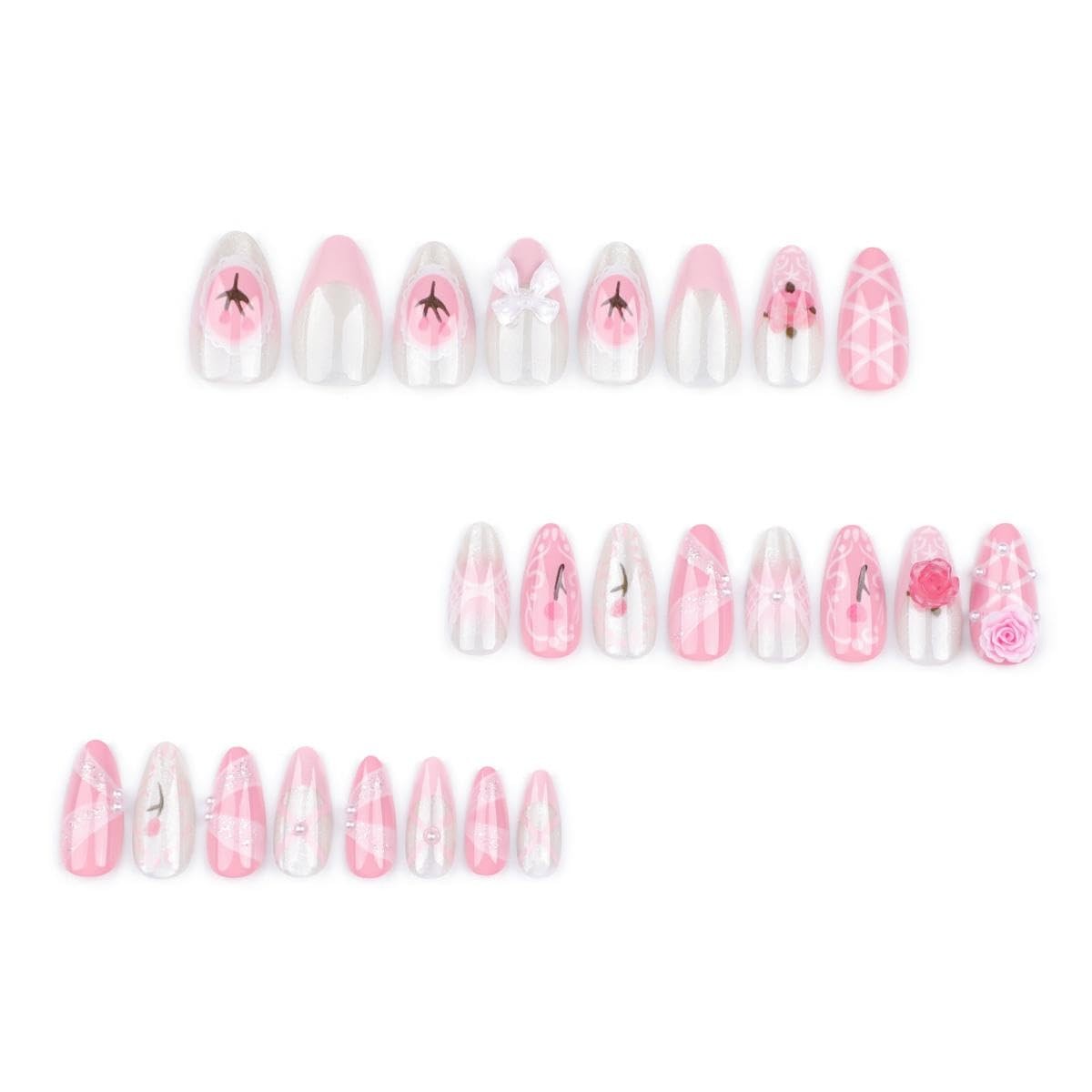 Handmade Press on Nails Medium Almond Fake Nails Pink False Nails with Pearl D