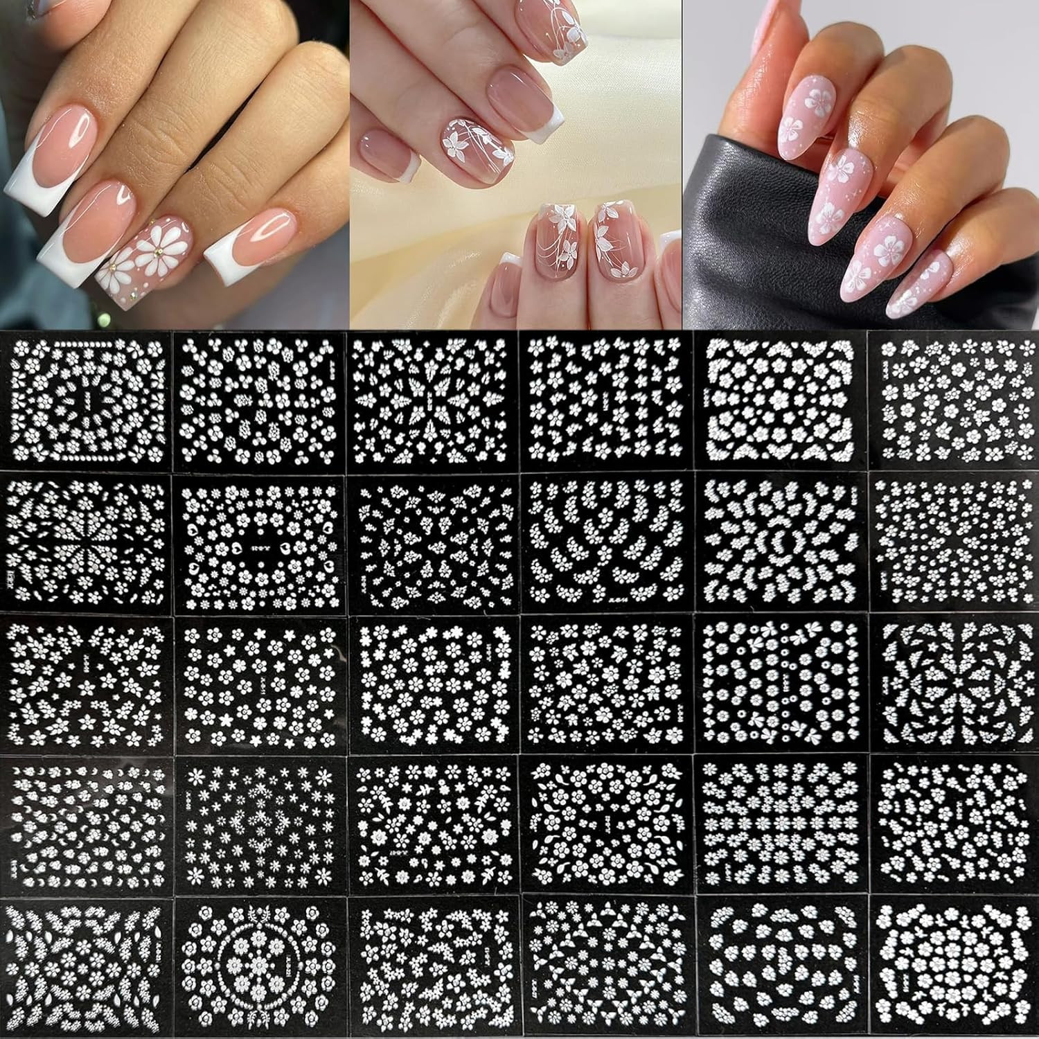30 Sheets White Flower Nail Art Stickers with Rhinestones 3D Self Adhesive Desig