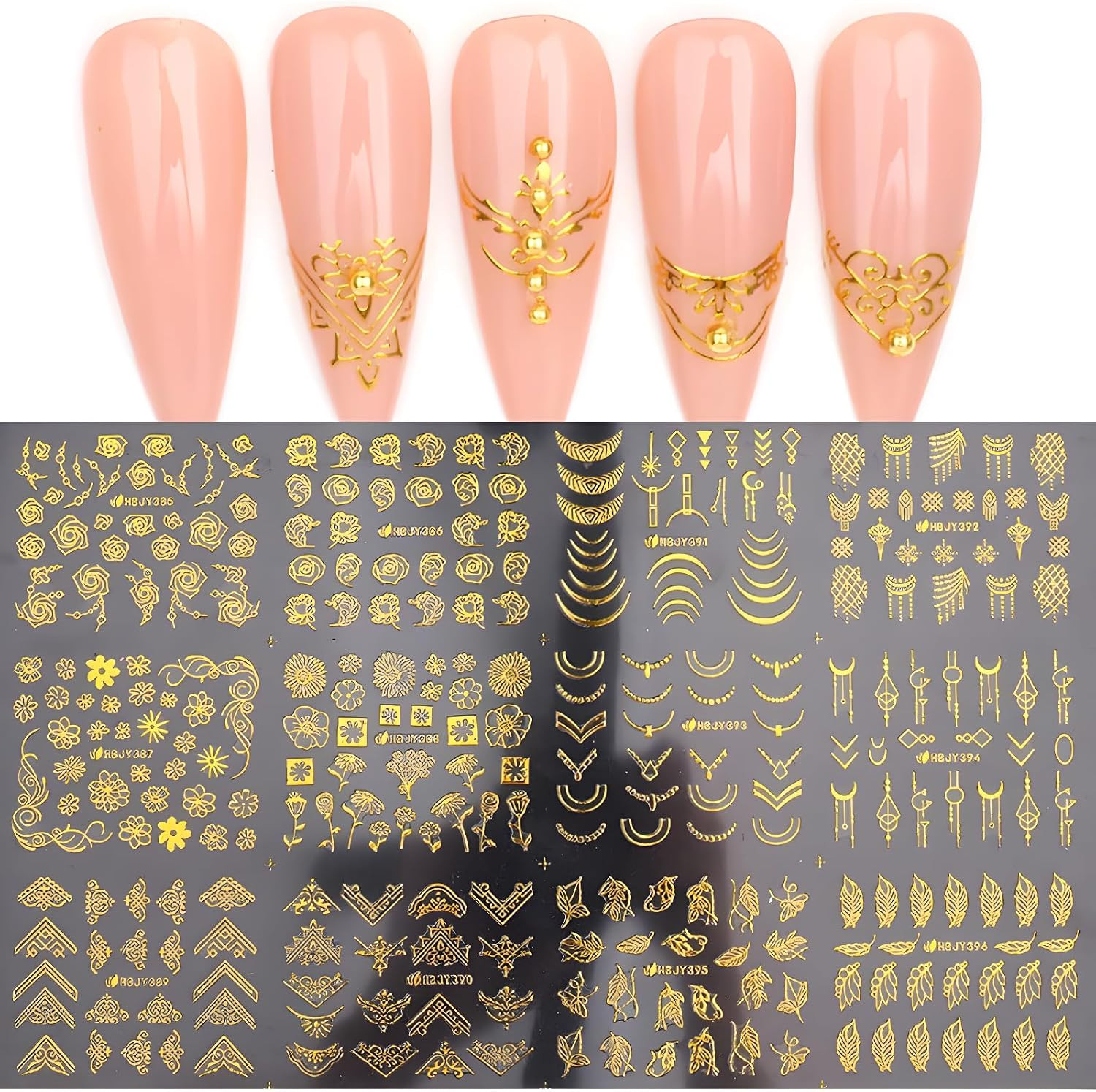 12 Sheets Gold Flower Nail Art Stickers 3D Self Adhesive Gold Leaf Lace Nail Dec