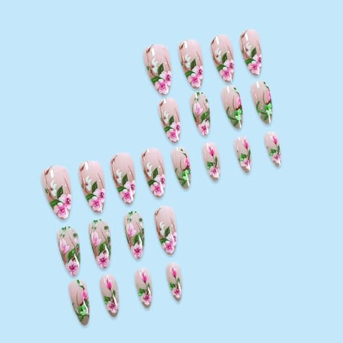 24Pcs Almond Shaped Press on Nails Flower Fake Nails Medium Length Glue on