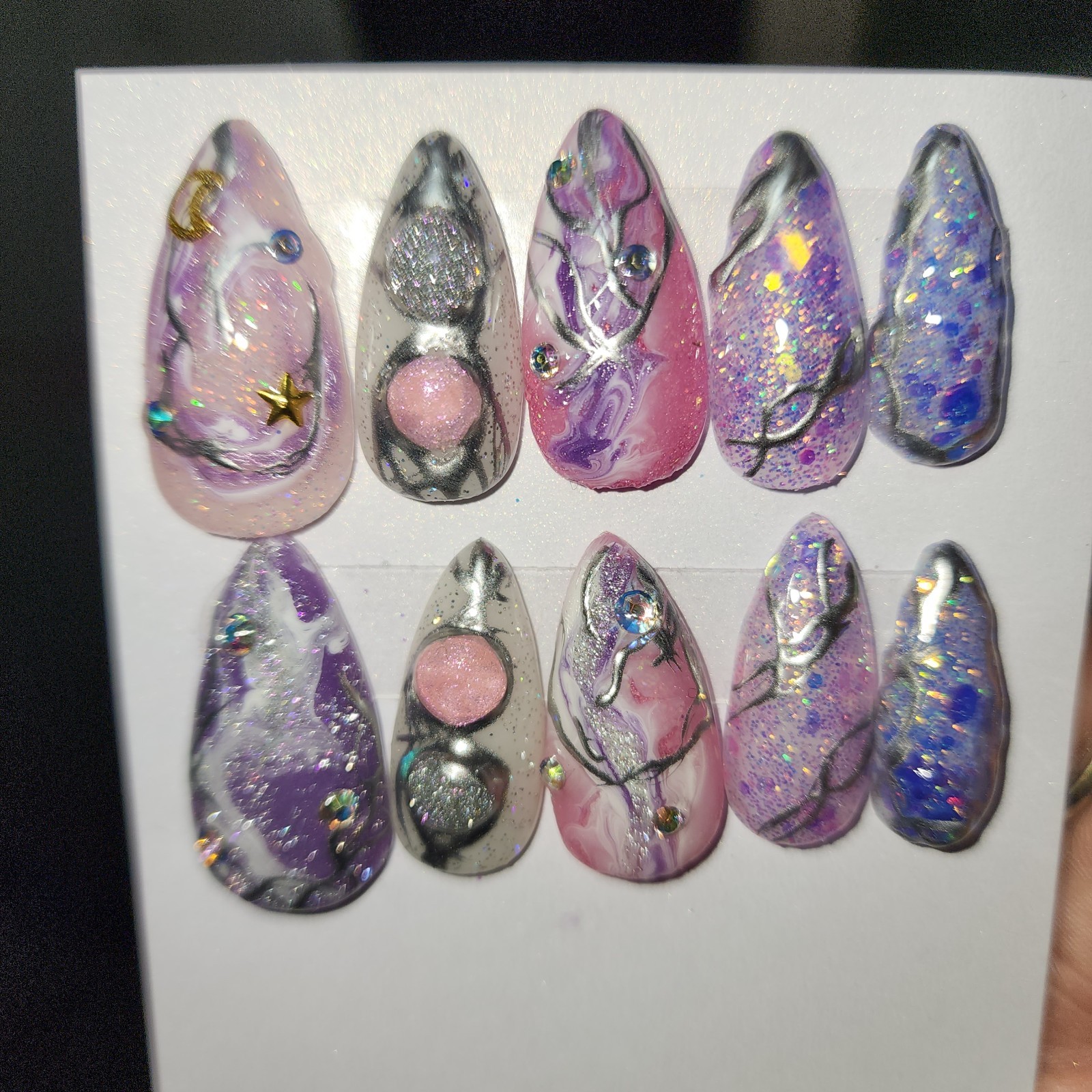 Handmade Medium Size Medium Length Stiletto Acrylic Press-ons W/Chrome Celestial
