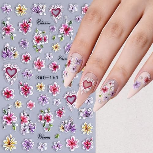 4 Sheets Pink White Flower Nail Art Stickers 3D Embossed Flowers Flowers 05