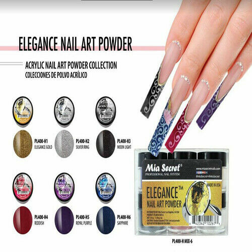 New Mia Secret Monomer 4 Ounce + ELEGANCE Nail Art Powder 6 Colors Collection