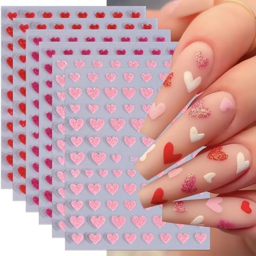 Valentine’s Day Nail Stickers Glitter Heart Nail Art Stickers 6PCS Heart -04