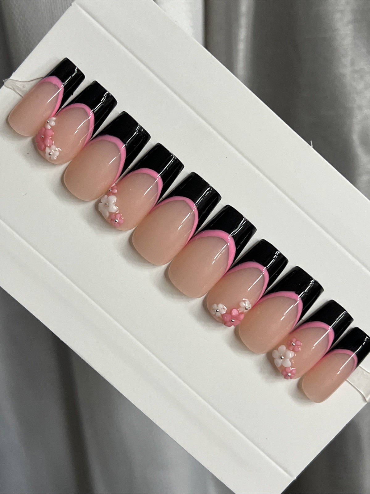 🌸 CUSTOM Press On Nails FRENCH BLACK Flower PINK 10p SET W Kit