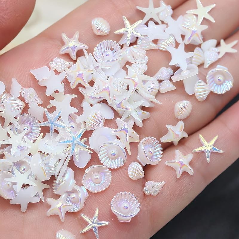 200pcs 3D Summer Ocean Resin Nails Charms White Starfish Seashell style09
