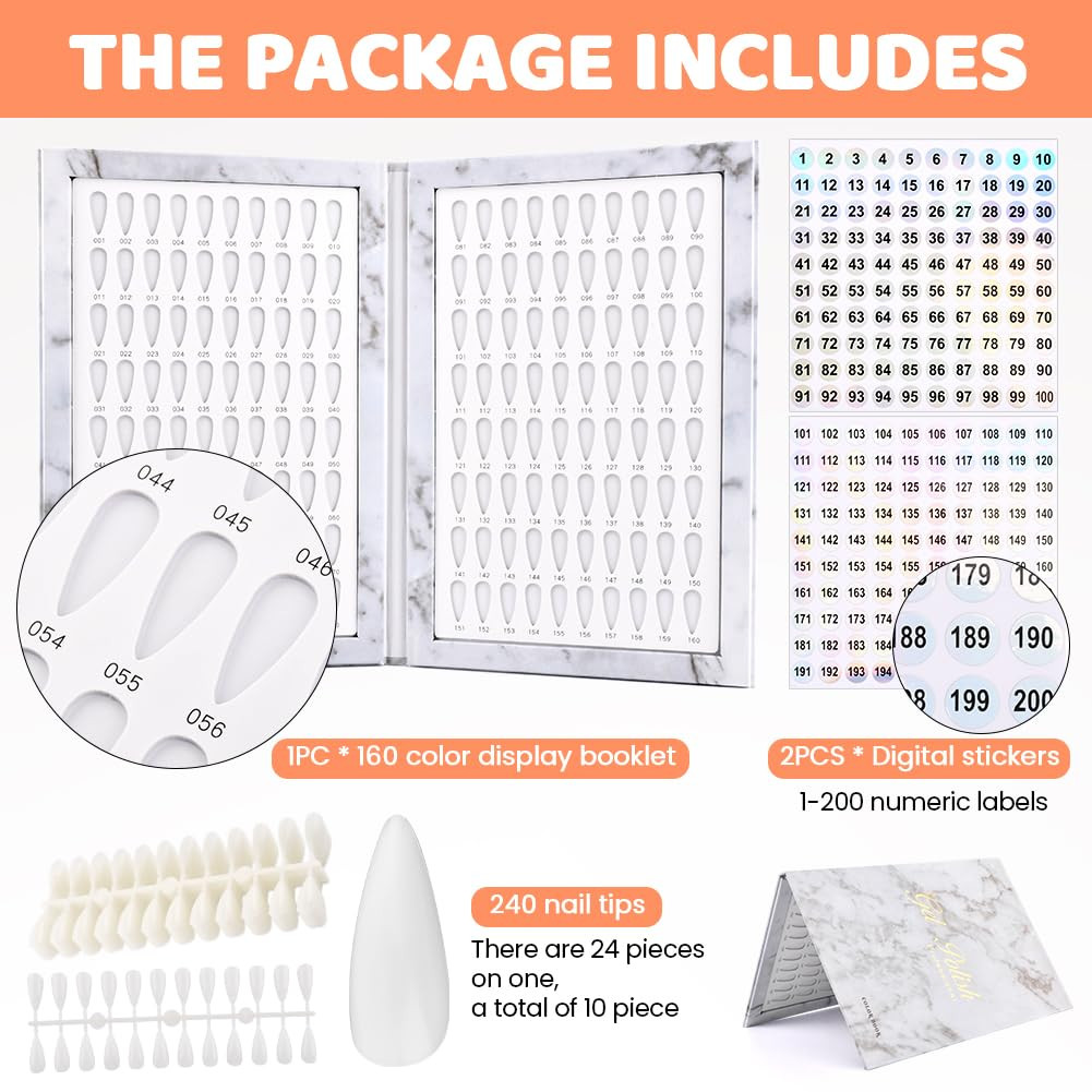 160 Nail Color Display Book with 240 Nail Tips and 1-200 Number Labels, Gel Poli