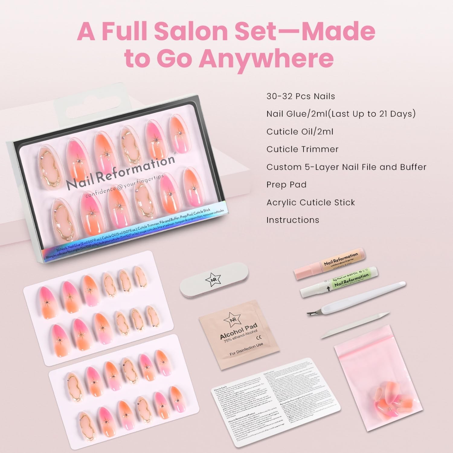 Nail Reformation Press On Nails, Pink Orange Swirl Medium Almond 30 Pcs