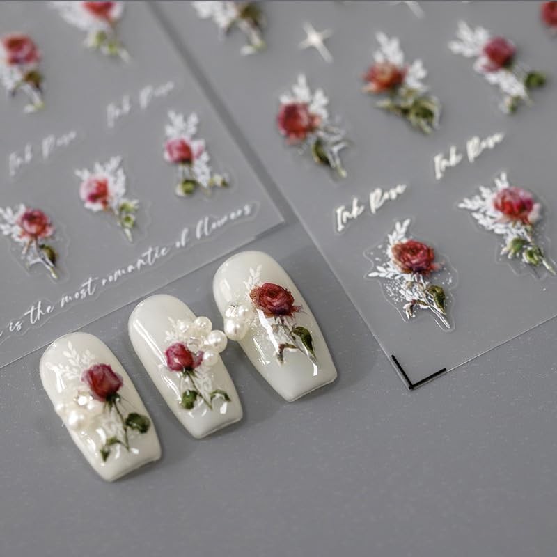 5D Embossed Nails Art Stickers Nail Decals for DIY Nail Art Self 1 Red Rose