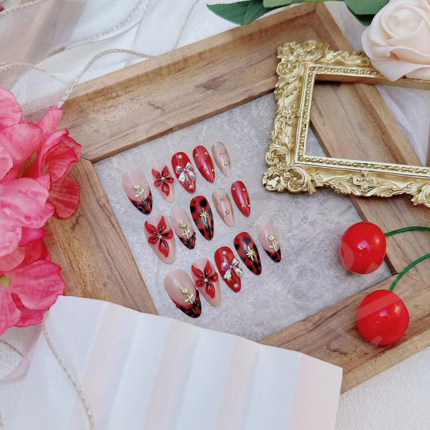 24Pcs Flower Press on Nails Medium Almond Fake Nails with 3D Bow Rose Gold Beads