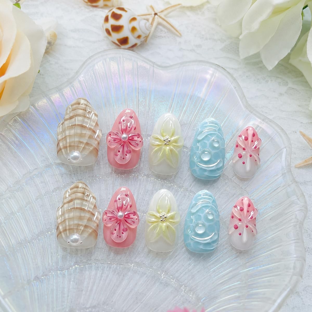 30Pcs Summer Beach Press On Nails Short Almond Fake Nails with 3D Flower Shel…