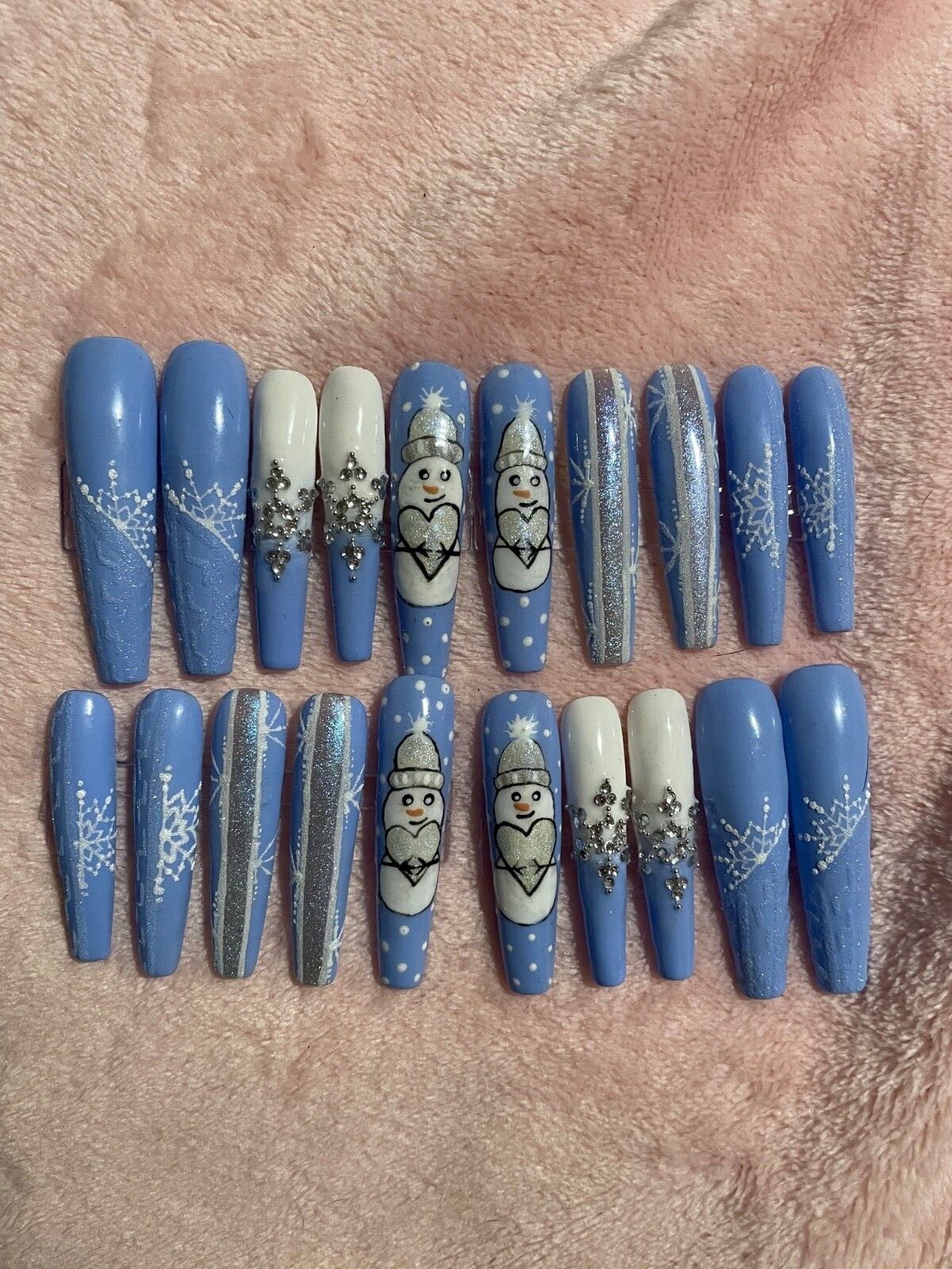 Custom acrylic Press on Nails 3XL 20 snowman snowflake sparkles gems blue silver