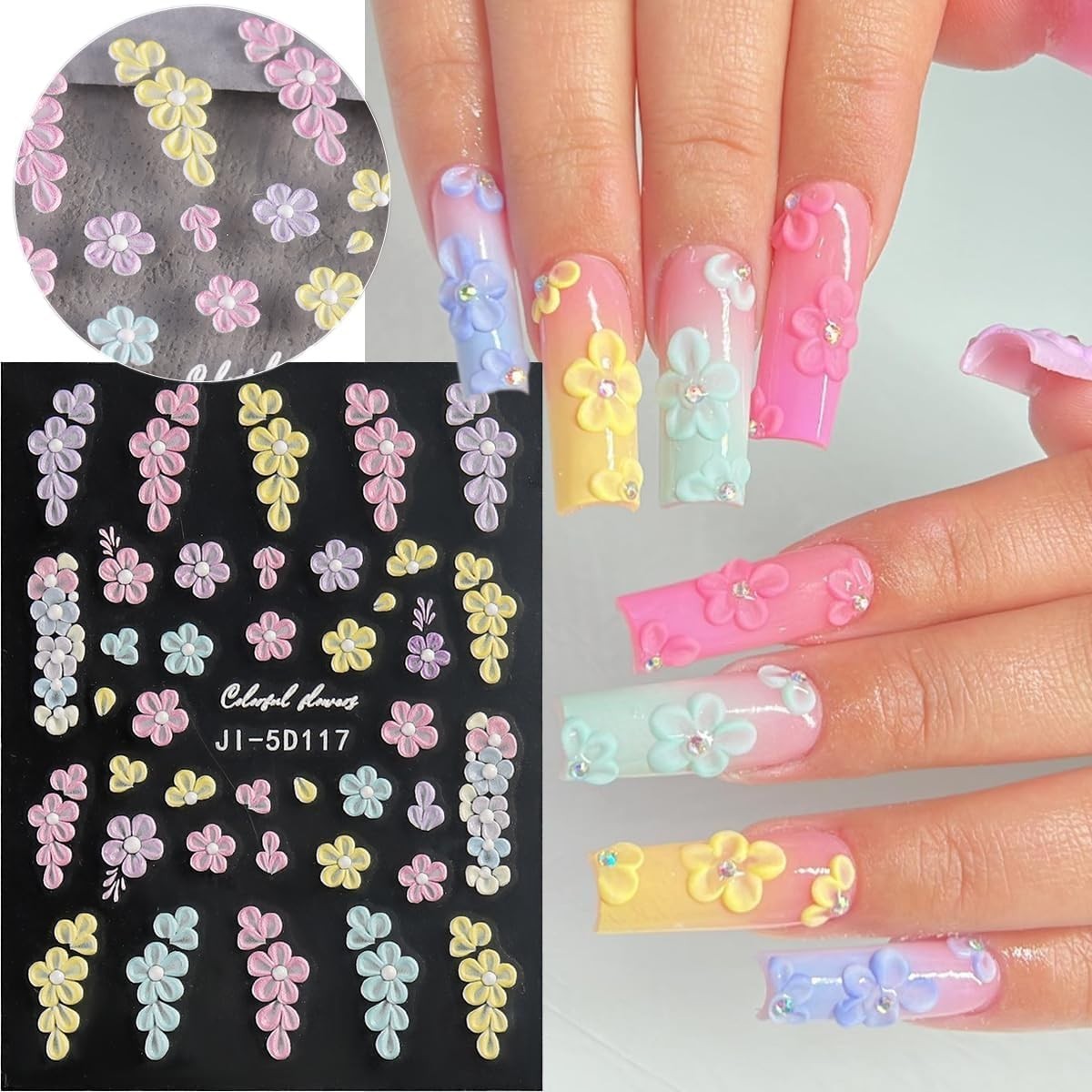 Colorful 5D Floral Nail Art Stickers – Easy Peel & Stick Designs for Spring