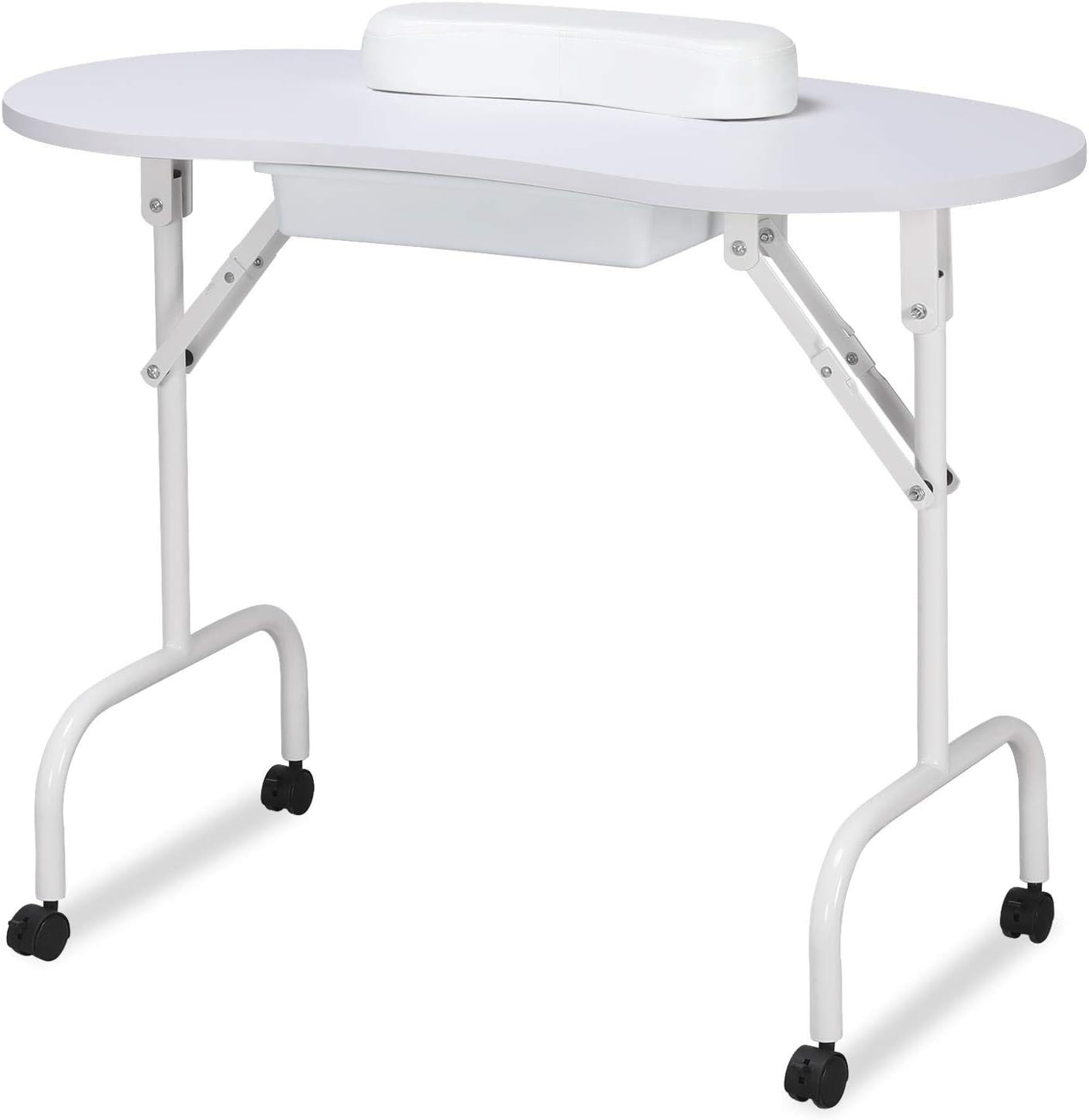 37″ Foldable Manicure Nail Table Portable with Wheels, White | MDF Tabletop & Ir