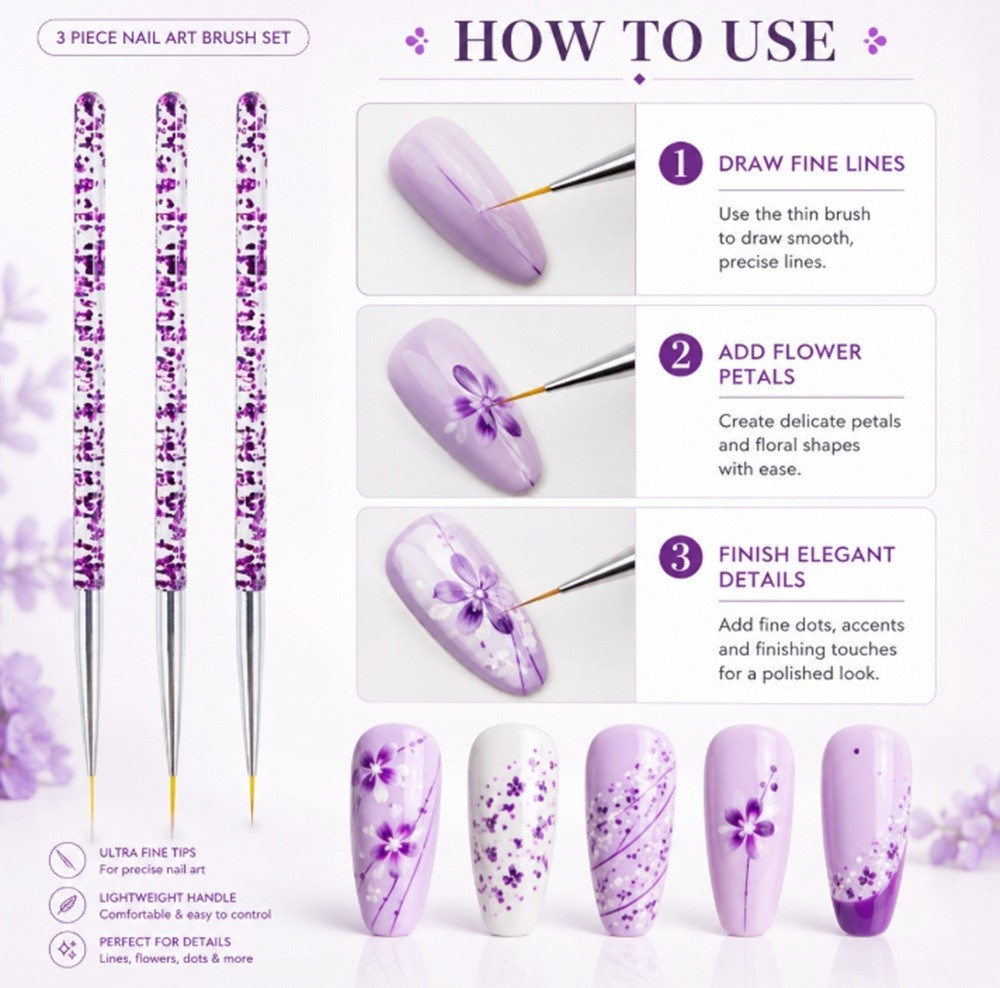 3-Piece Nail Art Tool Set Nail Art Pen UV Gel Dotting Tool Fine Liner Brush Kit