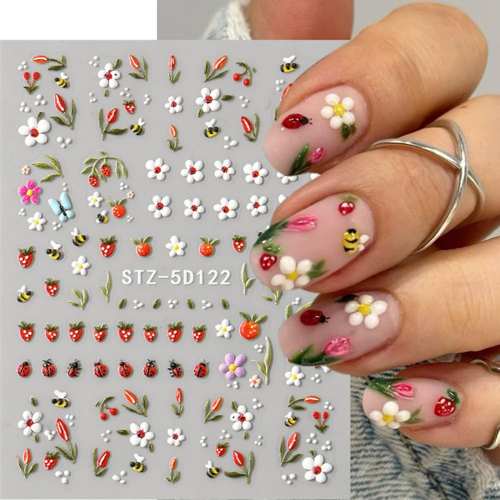 Nail Stickers for Nail Art, 5D Embossed Cute Floral Bee Ladybug Flower Nail Deca