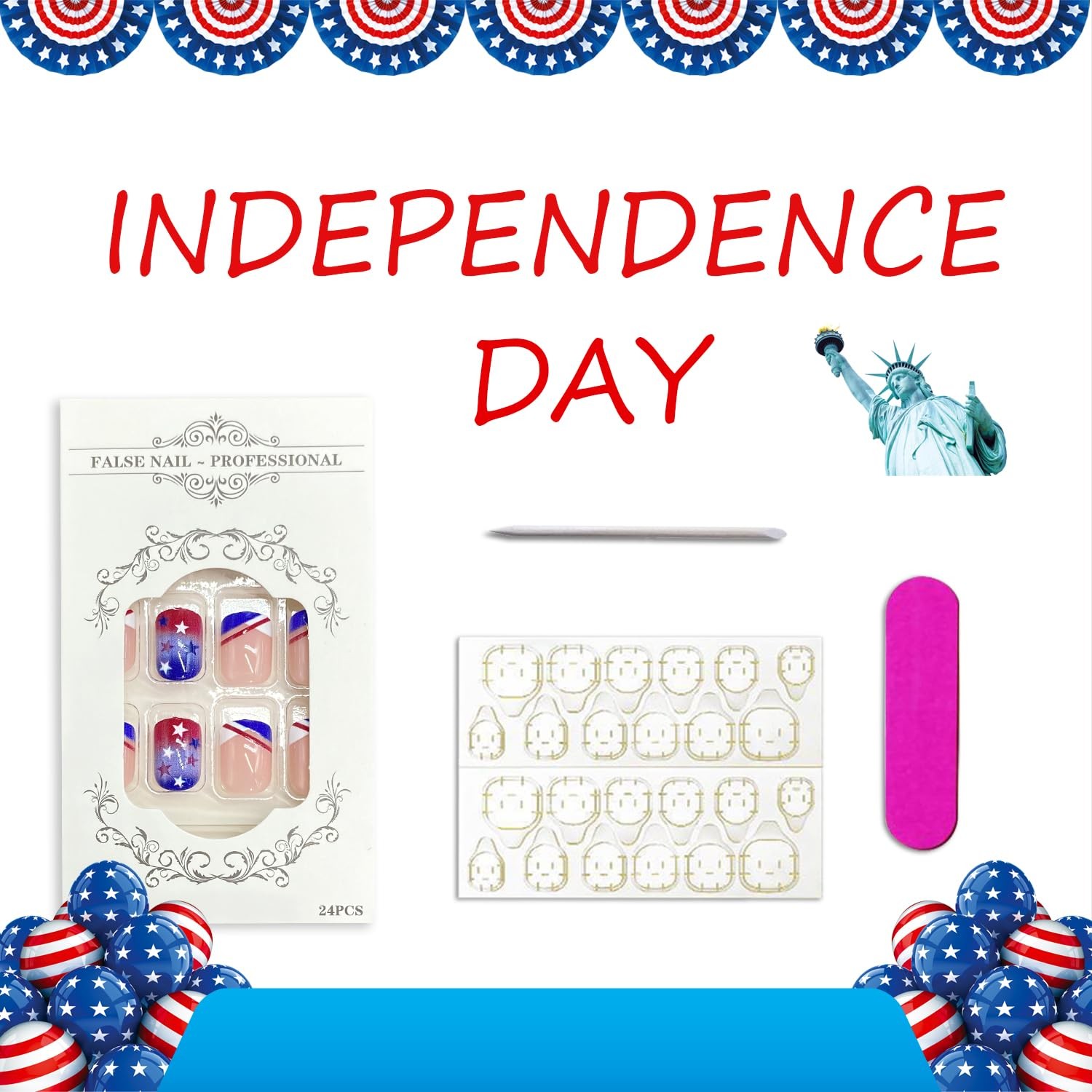 4th of July Press on Nails French Tip Independence Day False Nails Short Squa…