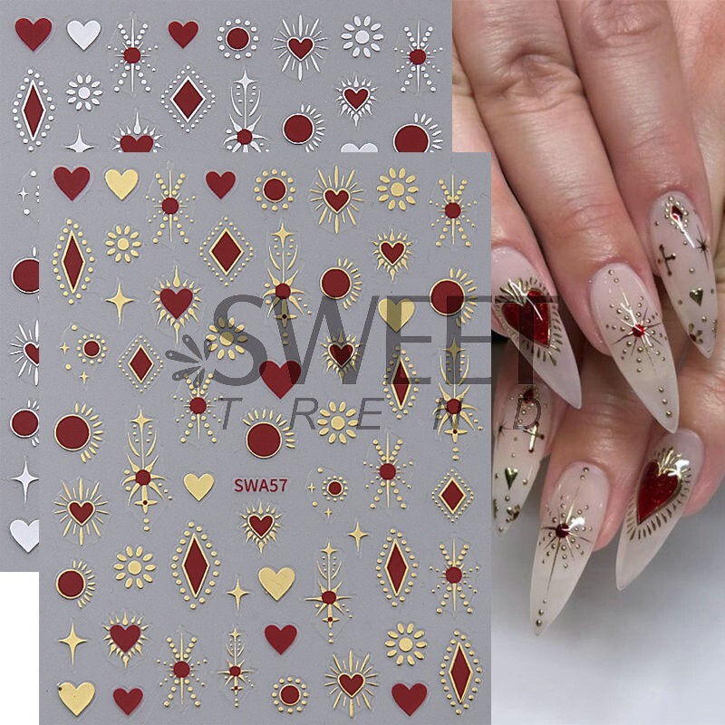 2Pcs Star Moon Sun Heart Bohemian Metallic Gold Silver Nail Stickers DIY NH28